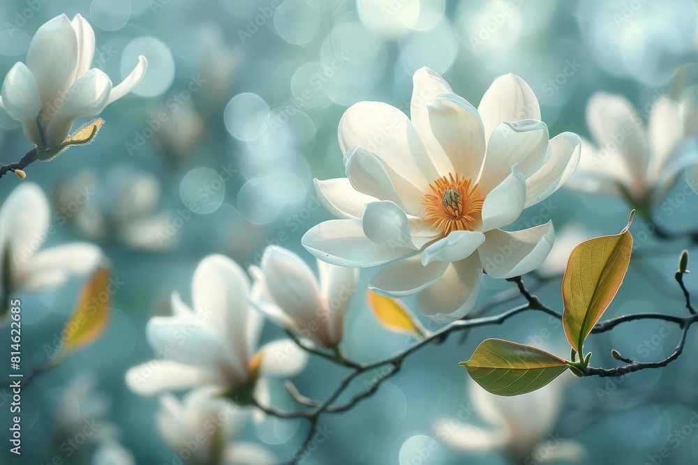 Magnolia Tree in Bloom: Large white flowers against glossy green leaves. Magnolia Tree in Bloom: Large white flowers against glossy green leaves.