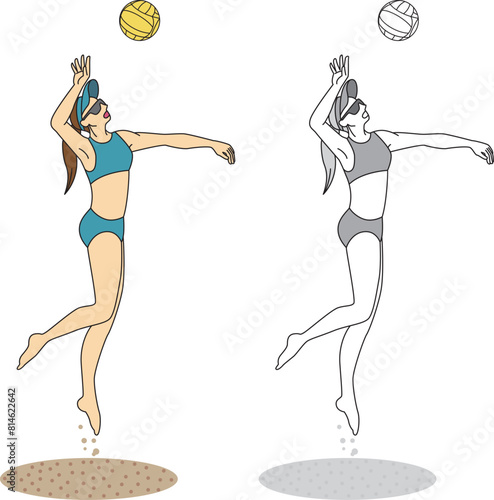 ビーチバレー選手（女性）のイラストセット／Illustration set of beach volleyball player (female)