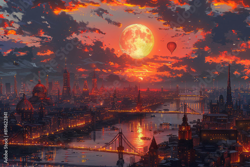 Futuristic cityscape at sunset with glowing moon and balloons
