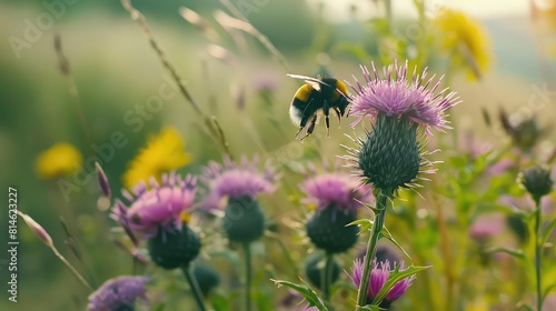 A study in contrasts: the rugged texture of a thistle juxtaposed against the smooth simplicity of the plain green background, with a bumblebee adding a touch of life and vibrancy to the scene.