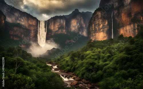 Spectacular view of Angel Falls, Venezuela, highest waterfall, lush jungle, remote beauty
