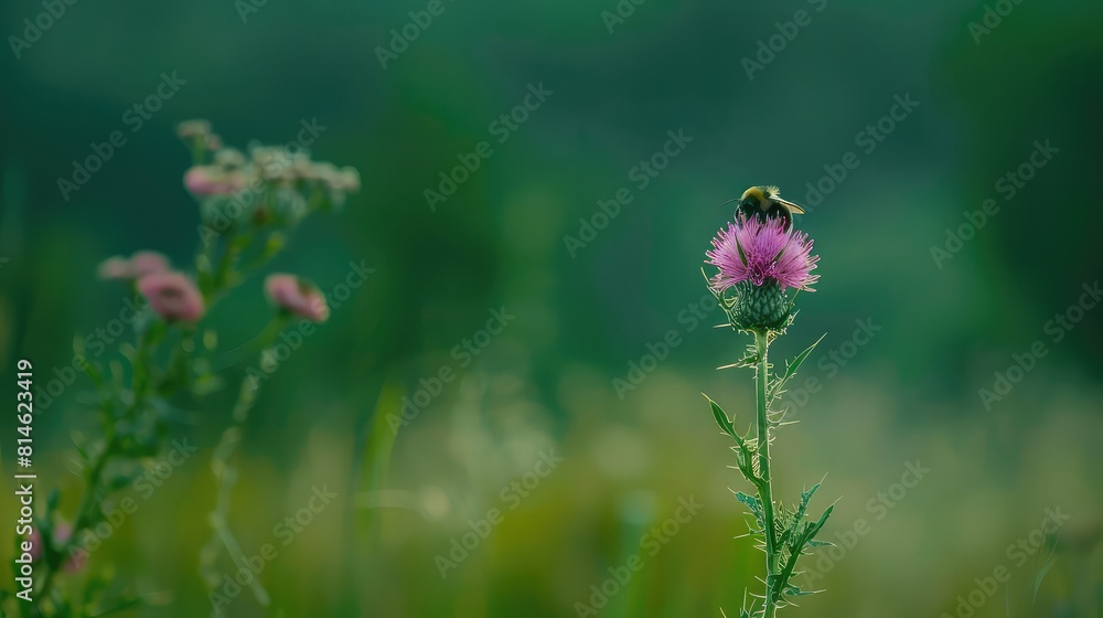 Fototapeta premium Nature's beauty encapsulated in a single frame: a bumblebee gracefully poised on a thistle, with the simplicity of the green background enhancing the purity of the moment.