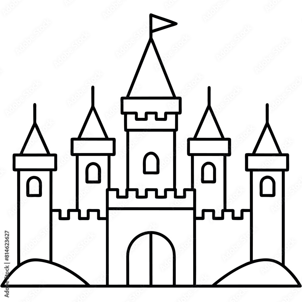 Royal Castle outline coloring book page line art illustration digital drawing