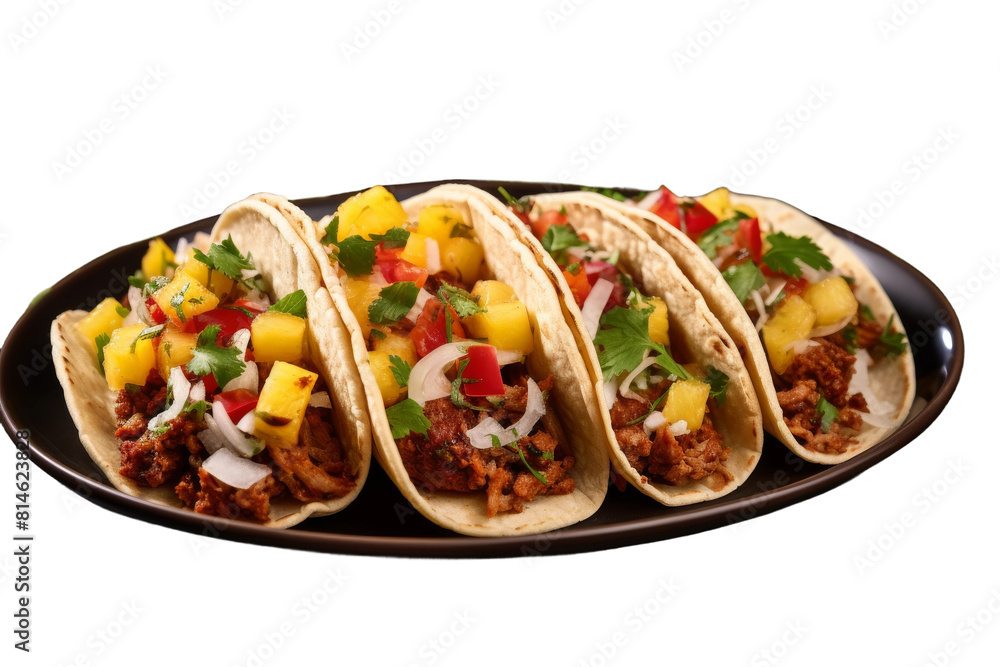 Tropical Tacos Delight With Pineapple Salsa. On a White or Clear Surface PNG Transparent Background. Tropical Tacos Delight With Pineapple Salsa. On a White or Clear Surface PNG Transparent Background.