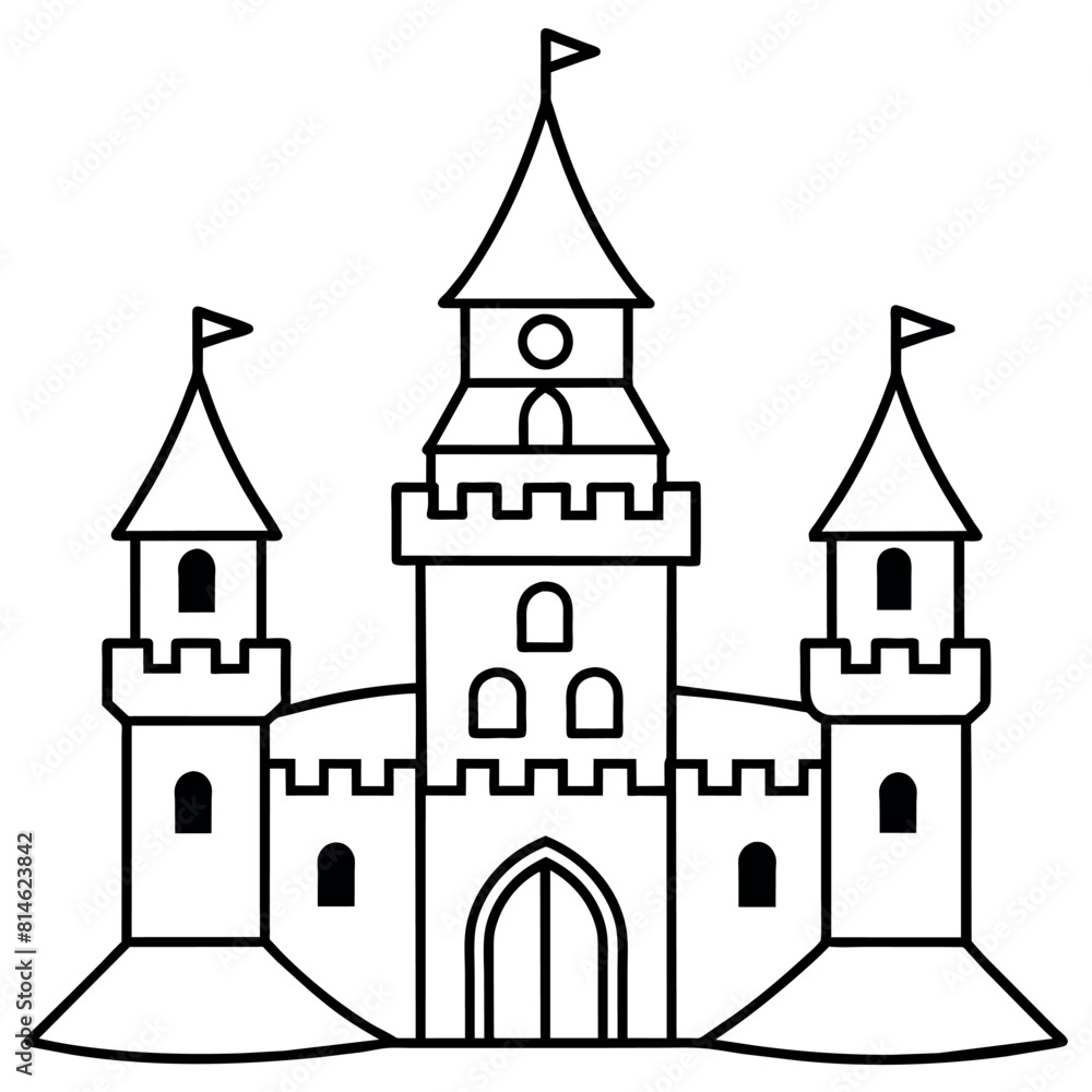 Royal Castle outline coloring book page line art illustration digital drawing