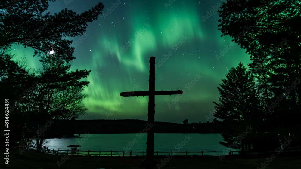 Wooden cross is situated on the side of a road, with northern lights in the background Wooden cross is situated on the side of a road, with northern lights in the background