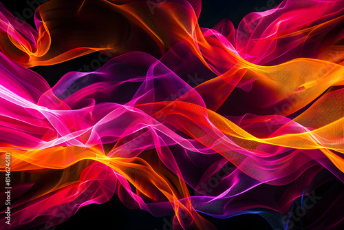 Vibrant neon abstract art with cascading pink and orange waves. Beautiful artwork on black background.