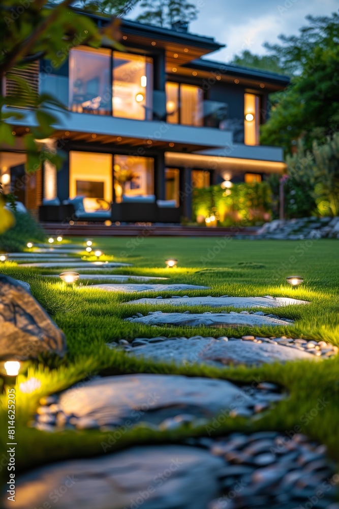 Obraz premium A house with a large yard and a stone walkway leading to it