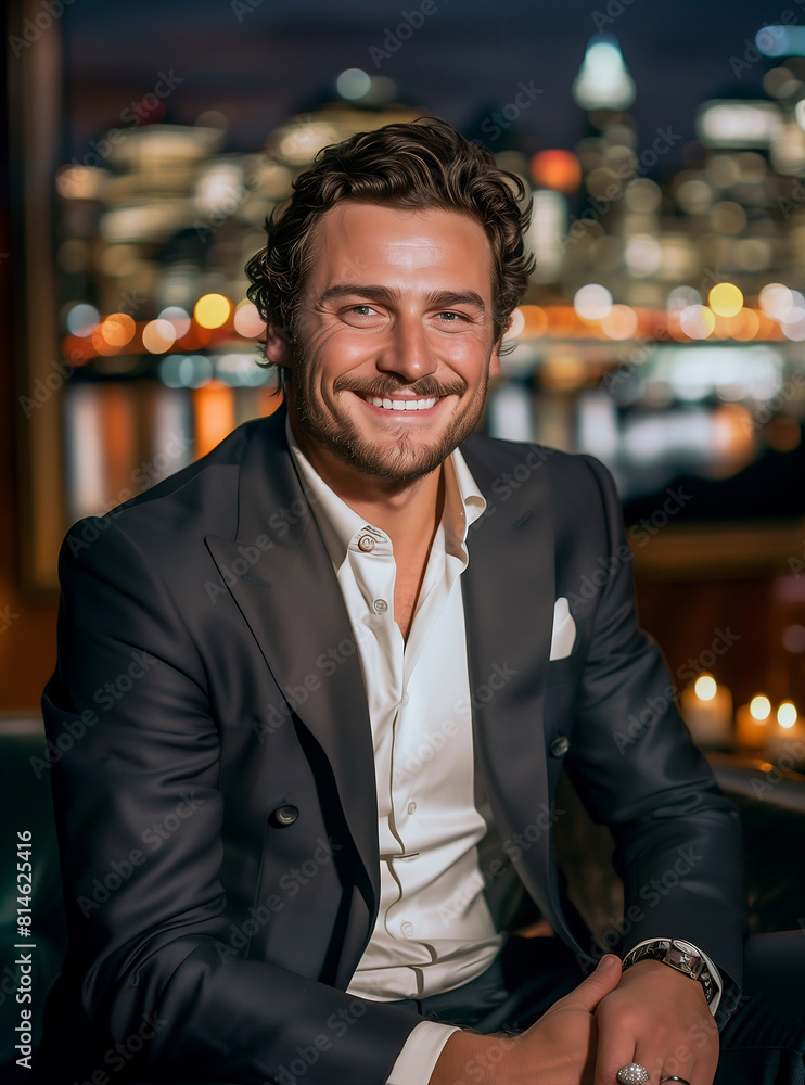 A candid photo of a black suit man, showing big smile, A candid photo of a black suit man, showing big smile,