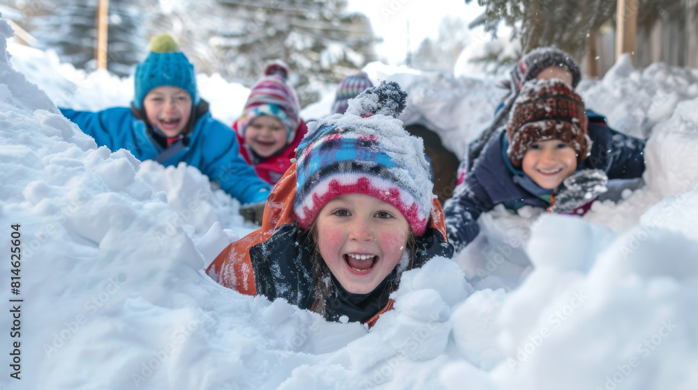Children enjoying a snowy day playing outdoors