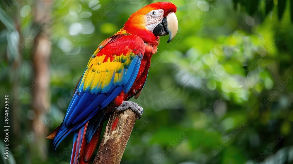A striking photo capturing the vibrant plumage and regal profile of a scarlet macaw perched on a branch against a lush tropical backdrop, showcasing the exotic beauty of this majestic bird. A striking photo capturing the vibrant plumage and regal profile of a scarlet macaw perched on a branch against a lush tropical backdrop, showcasing the exotic beauty of this majestic bird.