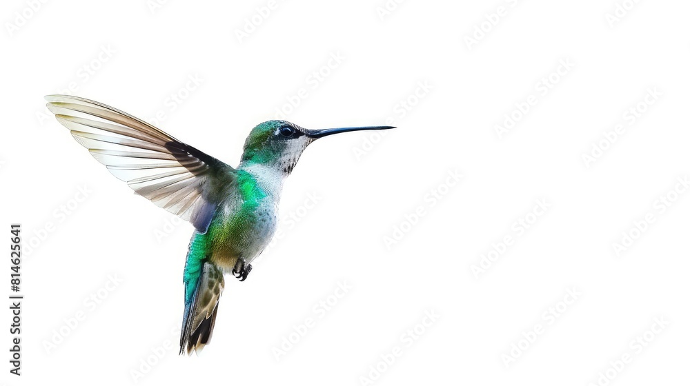 Fototapeta premium A mesmerizing photo showcasing the graceful movement and vibrant colors of a hummingbird in flight, beautifully contrasted against a bright white background.