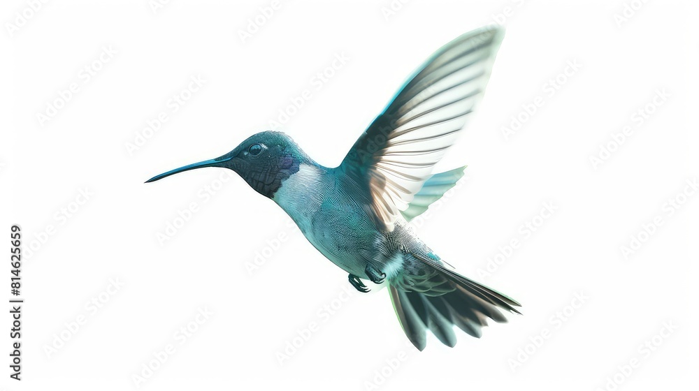 Obraz premium A mesmerizing photo showcasing the graceful movement and vibrant colors of a hummingbird in flight, beautifully contrasted against a bright white background.