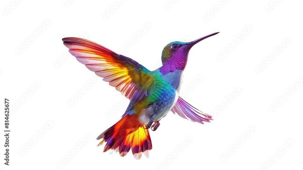 An engaging photo featuring the bright and iridescent plumage of a flying hummingbird against a pure white background, creating a captivating and visually striking image for various design purposes. An engaging photo featuring the bright and iridescent plumage of a flying hummingbird against a pure white background, creating a captivating and visually striking image for various design purposes.