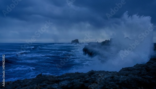 Fototapeta Naklejka Na Ścianę i Meble -  a crashing wave on the rocks of a shore line under a dark sky