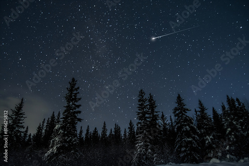 Breathtaking shooting star illuminates starry sky above peaceful, snow-covered evergreen trees in a serene winter scene