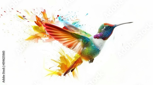 A dynamic photo featuring the iridescent feathers and rapid flight of a hummingbird against a bright white background  creating a striking and visually appealing image for a variety of projects.