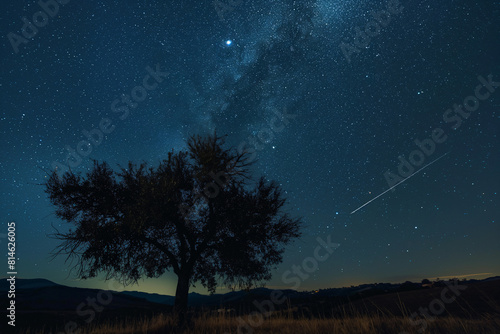 Stunning night sky captures a dazzling shooting star above a lone tree in a peaceful, countryside setting