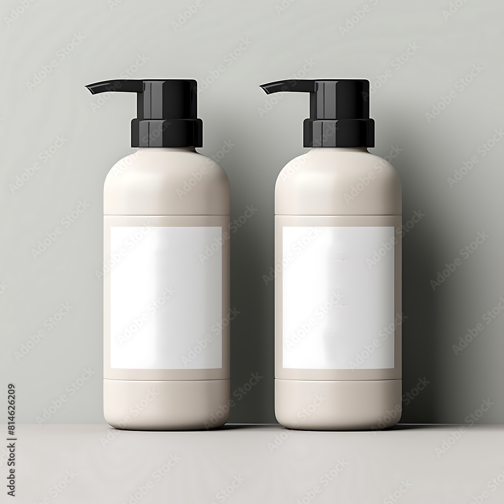 Monochrome bathroom setup with white pump bottle, on marble surface Monochrome bathroom setup with white pump bottle, on marble surface