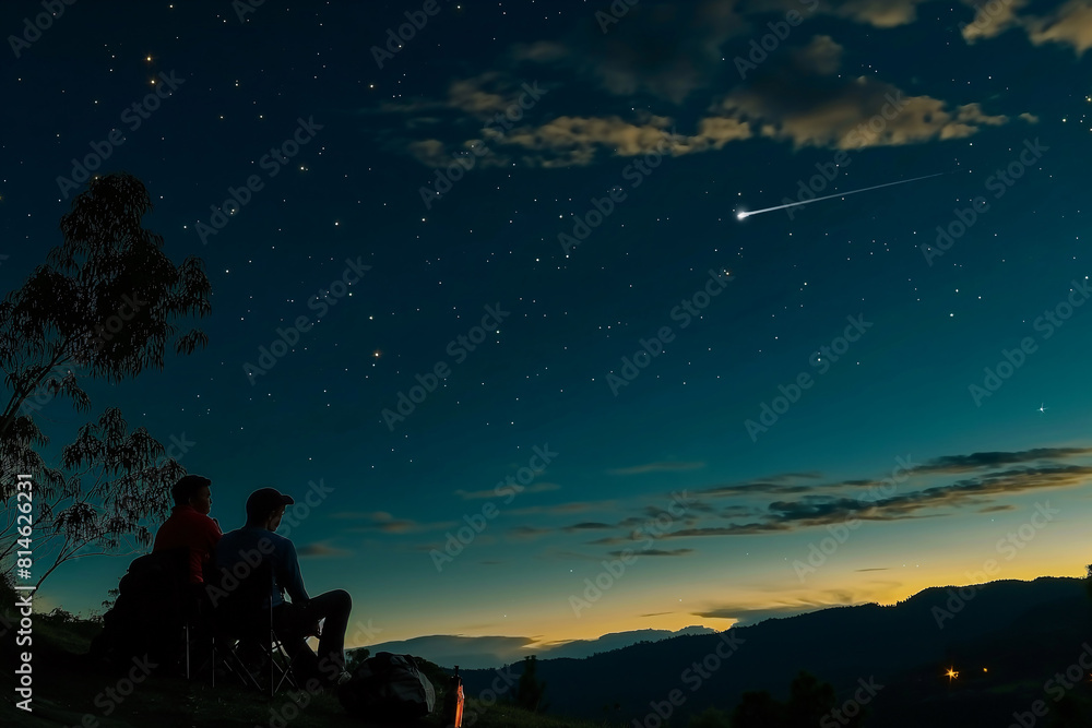 Two individuals savor a stunning vista while a shooting star streaks through the starry night sky over shadowy mountains