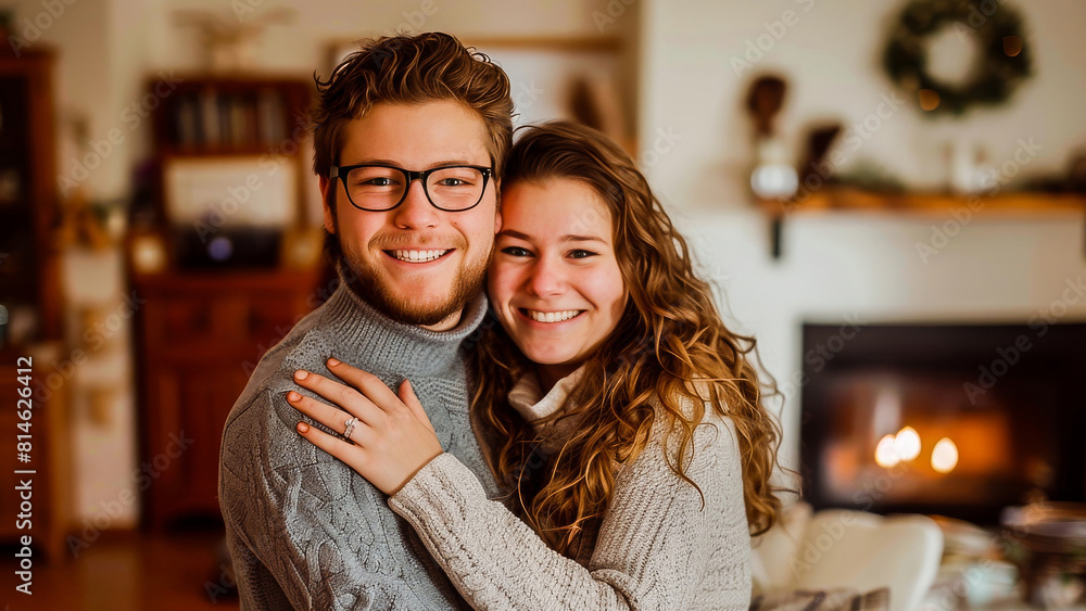 Fototapeta premium A happy young couple in cozy sweaters embracing at a warm, inviting home with a fireplace in the background.