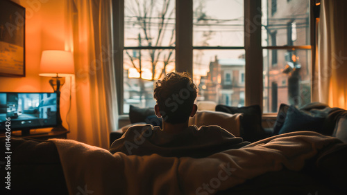 A young person relaxes on a couch at home in the evening with warm lighting and a city view through the window.