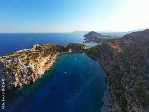 Drone shot of Anthony Quinn Bay in Faliraki, Rhodes Island, Greece