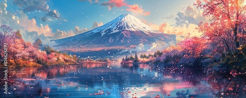 Mount Fuji reflecting in a Beautiful Lake, Surrounded by Pink Flowers. Beautiful Natural Scene with Cherry Blossom. photo