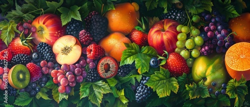 A painting depicting various colorful fruits like apples, bananas, and oranges set against a deep black background photo