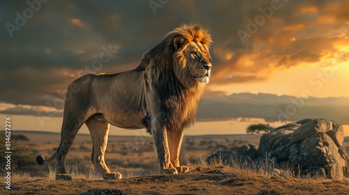 An engaging photo featuring the full-length profile of a lion set against a picturesque backdrop, offering a captivating and dynamic option for a high-resolution 4K wallpaper. 