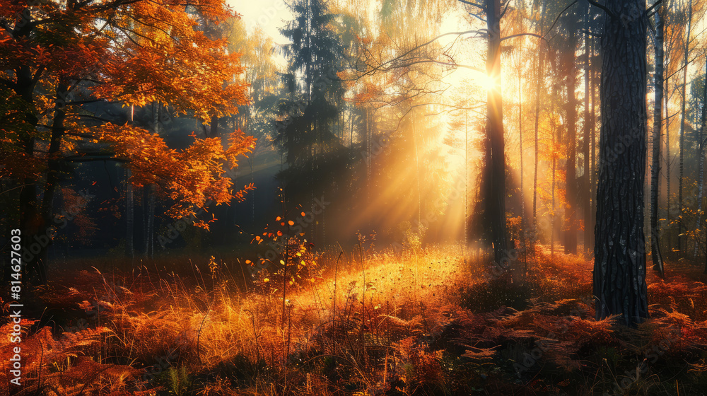 Sunlight streaming through autumn trees in a peaceful forest