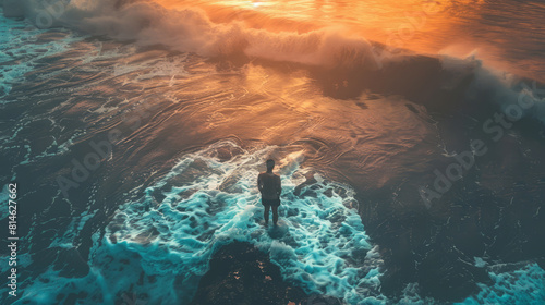 Man standing in ocean waves during stunning sunset