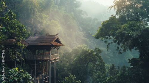 Eco-friendly treehouse in lush tropical rainforest