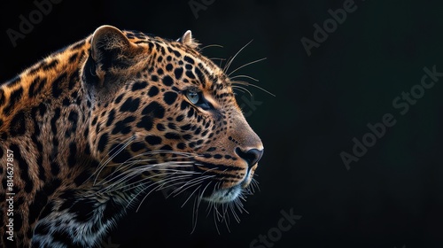 An engaging photo capturing the striking contrast of a leopard's fur against a dark black background, highlighting the beauty and grace of this magnificent predator in stunning 4K detail. © sambath