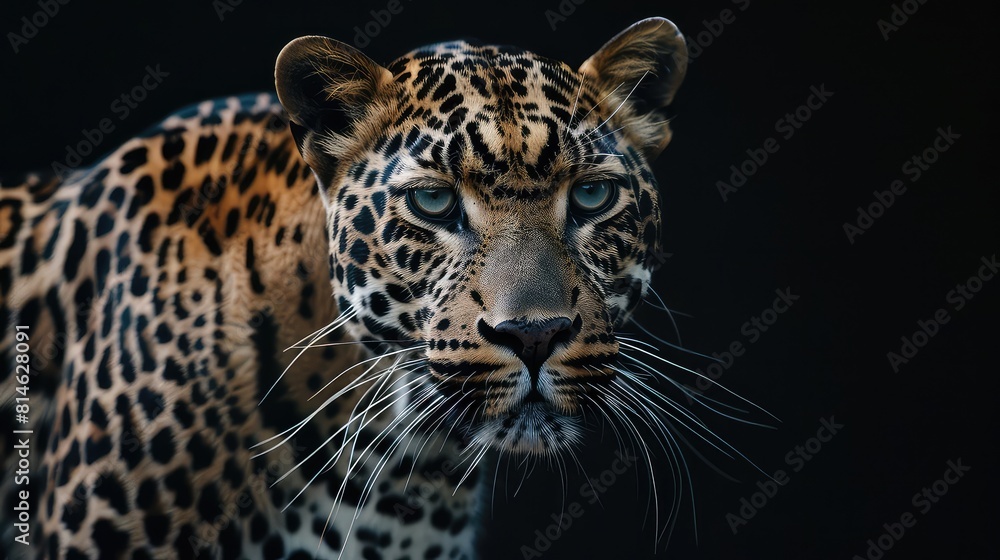 A dynamic shot capturing the intense beauty of a leopard against a sleek black background, with its striking markings and piercing eyes adding to the allure of this majestic creature in mesmerizing. A dynamic shot capturing the intense beauty of a leopard against a sleek black background, with its striking markings and piercing eyes adding to the allure of this majestic creature in mesmerizing.