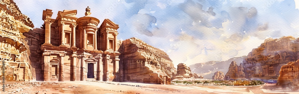 A watercolor illustration of a building in the desert, depicting the Petra archaeological site. The scene showcases the architectural beauty of the building against the backdrop of the arid desert lan