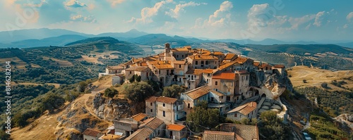 Aerial drone view of the the small ancient village of Pietrapertosa in the Basilicata mountains in the south of Italy. photo