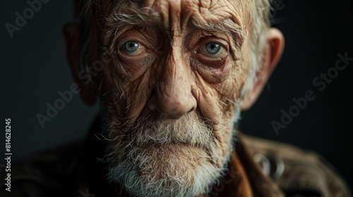 Close-up portrait of an elderly man with compelling, wise eyes in a dark setting © Yusif