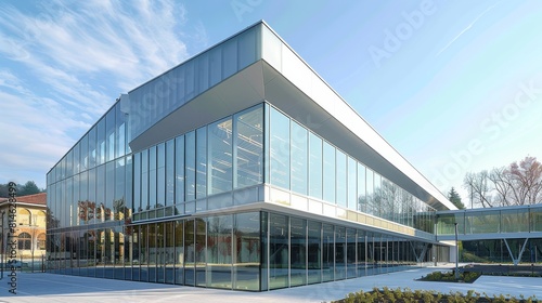 Modern building with a glass and metal cladding facade, cultural centre, large windows. Generative AI. photo