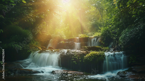 Sunlight streaming through trees onto a serene forest waterfall