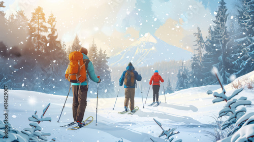 Snowshoers trek through a serene winter wonderland photo