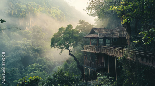 Secluded treehouse in lush forest with misty morning ambiance