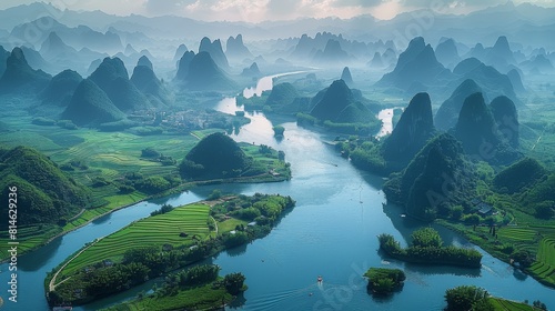 Guilin landscape, many mountains, rice fields, villages, mountains and rivers, oversized blue sky and white clouds, expressways. Aerial high view. Generative AI.