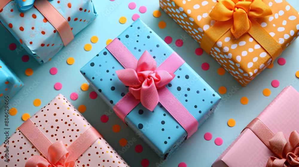 Close-up view of a vibrant array of presents and gift boxes, forming a colorful pattern against a blue background. Close-up view of a vibrant array of presents and gift boxes, forming a colorful pattern against a blue background.