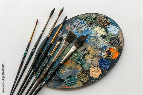 A detailed photo of a set of artist’s paintbrushes and a palette on a solid white background 