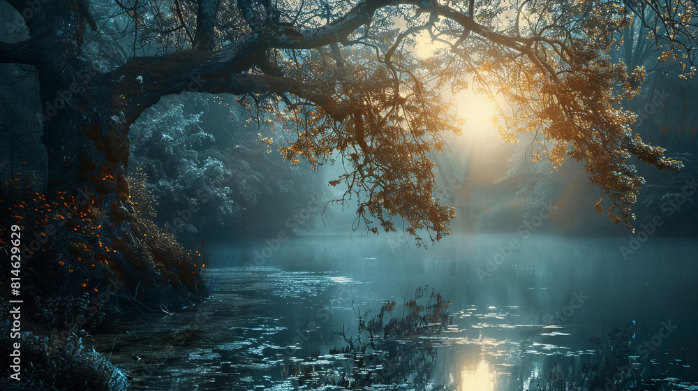 Mystical sunrise over a serene forest lake with rays of light