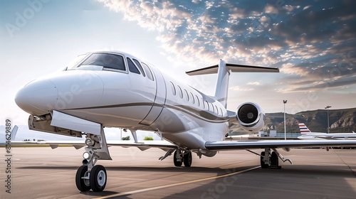 A private jet sits on the tarmac, ready for boarding or preparing for takeoff