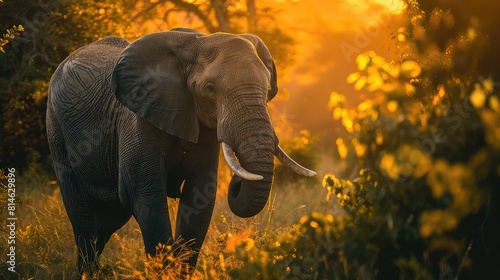 A majestic African elephant  its trunk swaying gently in the warm sunshine  creating a breathtaking 8K
