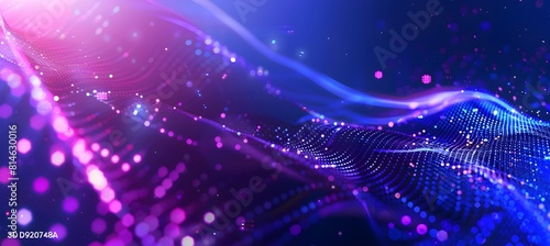 Abstract blue and purple background with a glowing hexagonal grid and a wave of dots 
