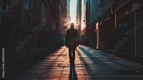 Silhouette of a man walking in city at sunrise